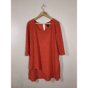 Clara Sun Woo Sheer Knit Tunic Top Medium M Asymmetric Hem Coral Red Lagenlook